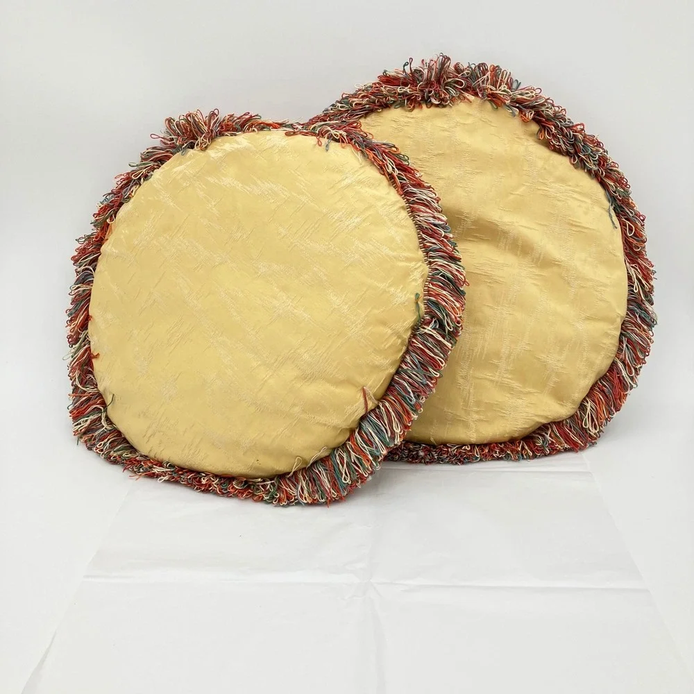 Pair of Vintage Hollywood Regency Round Throw Pillows Gold Brocade Multi Fringe